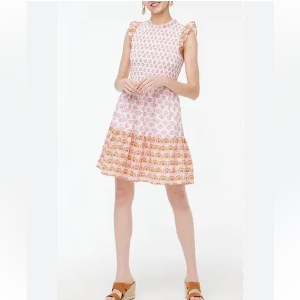 J. Crew Ruffle Sleeve Smocked Tiered Mini Pockets Dress Sz Small S Block A-line